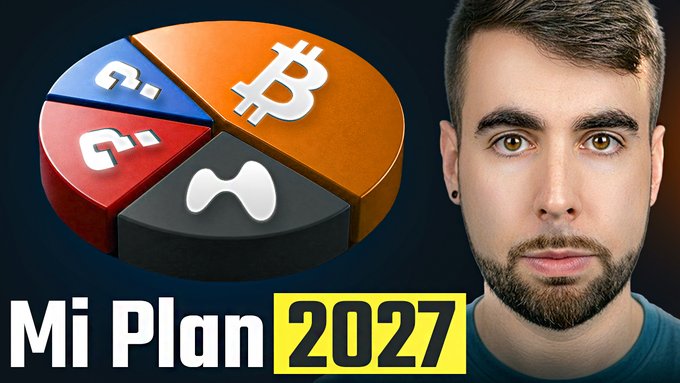 A man appears next to a pie chart featuring Bitcoin, Ripple, and two other cryptocurrency symbols, with bold text reading "Mi Plan 2027" displayed below, visually representing his bull market cryptocurrency investment plan for the year.