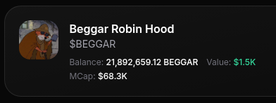 A cryptocurrency information card for 'Beggar Robin Hood' ($BEGGAR) showing a balance of 21,892,659.12, a value of $1.5K, and a market cap of $68.3K.