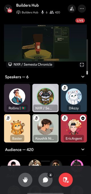 A mobile screenshot of a voice chat app showing a "Builders Hub" room with 420 listeners, featuring speakers with avatars named Rollins, NXR / Se..., Dikzzy, Baster, Koushik Ni..., and EricArgent, displaying "NXR / Semesta Chronicle".