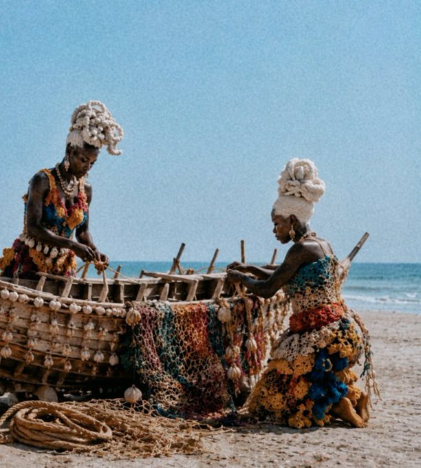 Two figures in elaborate traditional African costumes made of shells and coral adornments work with a wooden boat structure on a sandy beach, with fishing nets spread out beside them.