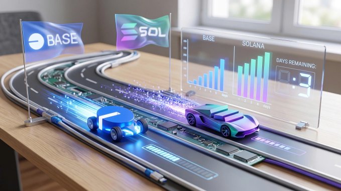 A futuristic desk display with two toy race cars on a track, featuring flags for 'BASE' and 'SOL' along with holographic charts comparing BASE and SOLANA performance and a 'DAYS REMAINING' counter.