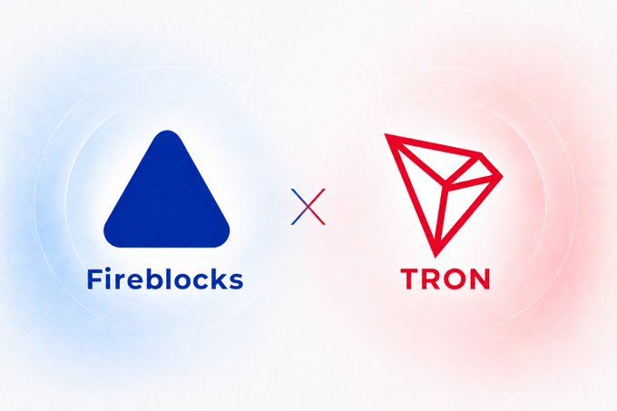 The image shows the blue Fireblocks triangular logo alongside the red TRON diamond logo, separated by an "x" symbol, visually representing the new partnership where Fireblocks is adding TRON support to its platform for institutional custody and stablecoin settlement.