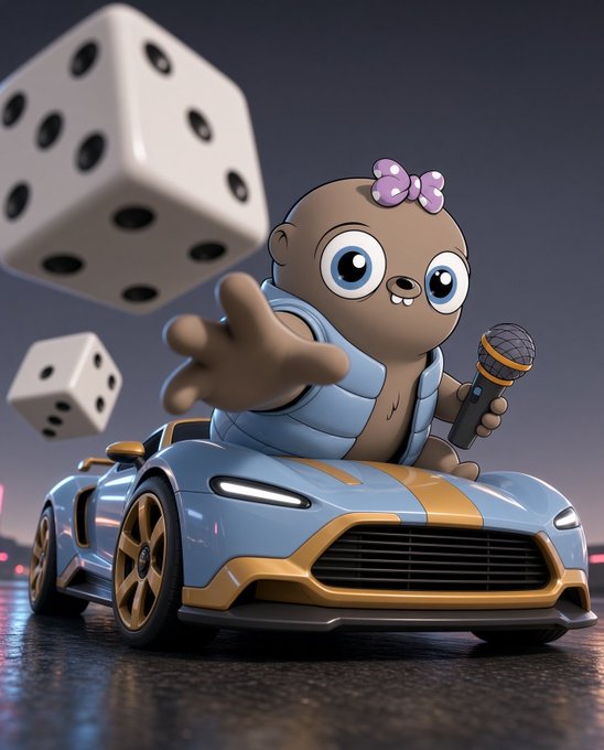 A 3D-rendered cartoon seal character wearing a purple bow drives a blue and gold sports car while holding a microphone, with giant dice flying through the air.
