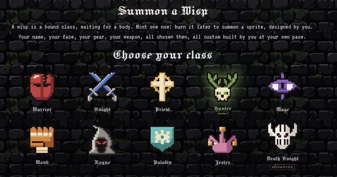 Pixel art character class selection screen titled 'Summon a Wisp' with the subtitle 'Choose your class,' displaying ten RPG classes: Warrior, Knight, Priest, Hunter, Mage, Monk, Rogue, Paladin, Jester, and Death Knight (Enhanced).