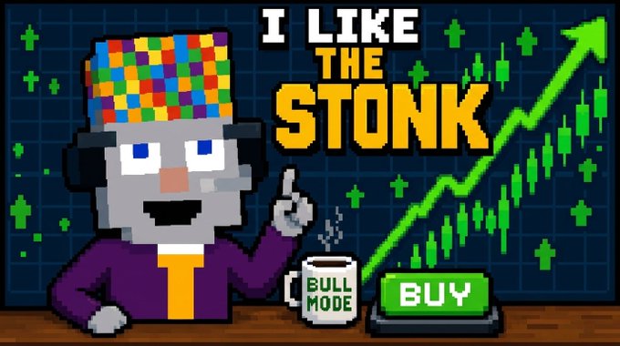 A pixel art meme featuring a character in a colorful hat saying 'I LIKE THE STONK' next to a green rising stock chart, with a 'BULL MODE' coffee mug and a 'BUY' button.