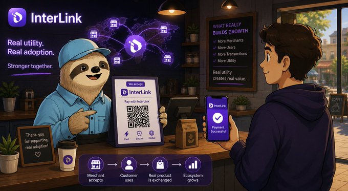 An illustrated advertisement for 'InterLink' showing a sloth barista serving a customer, promoting 'Real utility. Real adoption.' with text highlighting merchant growth and ecosystem expansion.