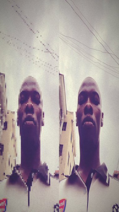 A split-screen comparison image showing the same face against a sky background, with the left side heavily pixelated and distorted and the right side sharp and clear.