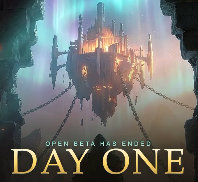 A hooded figure gazes up at a massive, glowing fortress suspended by chains above a misty, aurora-lit landscape, with the text "OPEN BETA HAS ENDED" and "DAY ONE" displayed prominently below. The image's epic fantasy aesthetic and the "Day One" launch message align with the post's excitement about building toward becoming the #1 game on @solanagaming.
