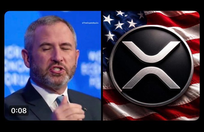 A split image shows Brad Garlinghouse of Ripple speaking at a podium on the left with a "0:08" timer visible, paired with the XRP logo displayed over an American flag on the right, visually reinforcing his bold claim that XRP is 1,000x faster and cheaper than Bitcoin.