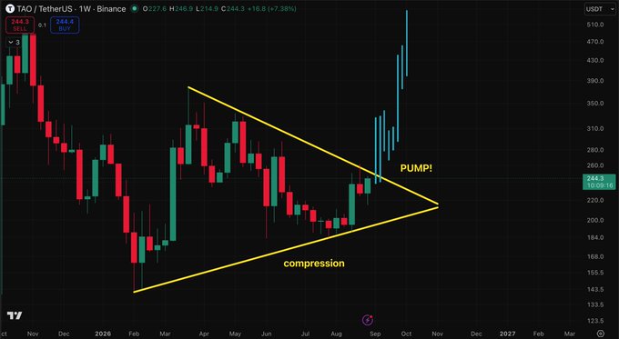 A weekly (1W) candlestick chart of TAO/USDT on Binance shows a bullish breakout, with the annotation "compression" inside a converging yellow triangle pattern and "PUMP!" marking a sharp upward price surge from ~$220 toward ~$510, supporting the post's claim that Zcash profits are rotating into TAO ahead of a major rally.