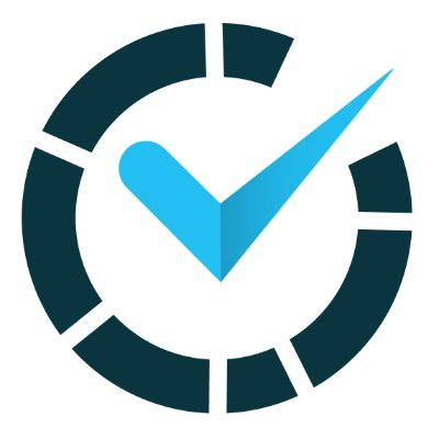 A logo consisting of a segmented dark teal circle enclosing a light blue checkmark.