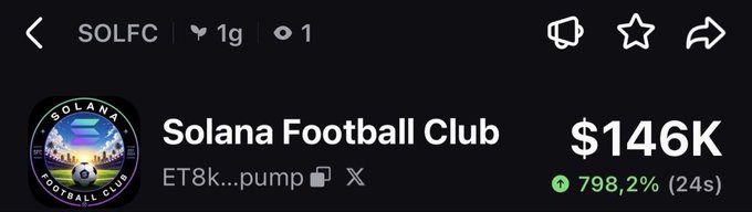 A social media post that features an advertisement for a club, the name of which is "Solaana Football Club" as indicated by the image. The text on the post says it is part of the Solana network and that you can purchase $SOLFC from them. There are stars in different colors and some numbers such as "74%". These symbols indicate that there's an update available for this account, where the user will get bombarded with ads. This also shows how users' posts on social media platforms like Twitter can be used to advertise products or services, which makes it a great tool for businesses to reach a large audience.