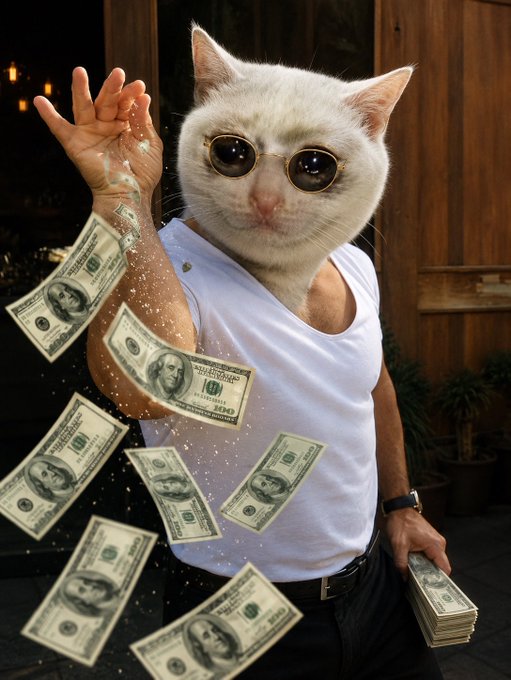 A humorous AI-edited image of a person wearing a white sleeveless shirt with a white cat head wearing round sunglasses, surrounded by floating hundred-dollar bills.