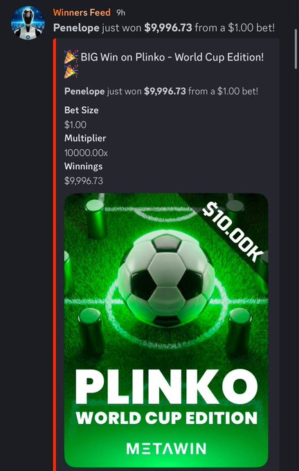 A screenshot from the "Winners Feed" Discord channel shows a user named "Penelope" celebrating a massive win on MetaWin's "Plinko World Cup Edition," having turned a $1.00 bet into a $9,996.73 payout thanks to a 10,000x multiplier. This directly supports the post's claim that MetaWin's new promotional offers can yield huge returns, while promoting the "X100" deposit bonus code for new users.