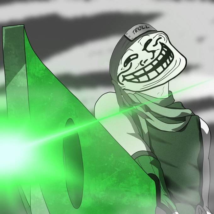 A stylized illustration of the "Troll" face meme character wearing a green hood and scarf, wielding a large green weapon that emits a bright green laser beam.