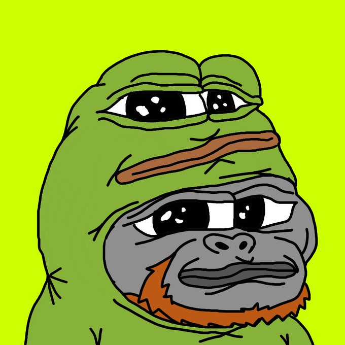 A digital drawing featuring the cartoon character Pepe the Frog with half-lidded eyes, with what appears to be a monkey or ape face superimposed on his chest area, set against a bright lime green background.