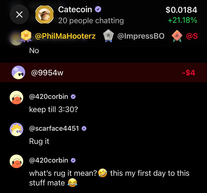 A chat interface for the "Catecoin" cryptocurrency (priced at $0.0184) where users discuss trading strategies, including one asking "keep till 3:30?" and another responding "Rug it."