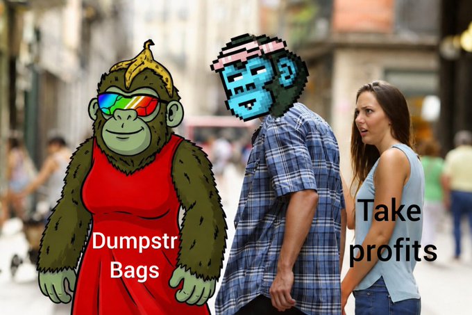 A meme image showing a cartoon gorilla labeled 'Dumpstr Bags' walking with a pixelated character, while a woman labeled 'Take profits' looks on in disgust.