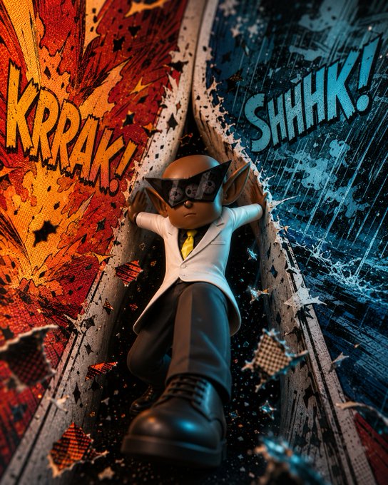 A digital illustration of a cartoon character in a white suit and yellow tie breaking through a wall, with comic-book style sound effects "KRRAK!" on the left and "SHHHK!" on the right.