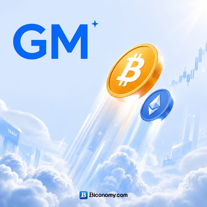 A promotional graphic with 'GM' text features a golden Bitcoin coin and a silver Ethereum coin soaring through clouds above a cityscape, with 'Bicconomy.com' at the bottom.
