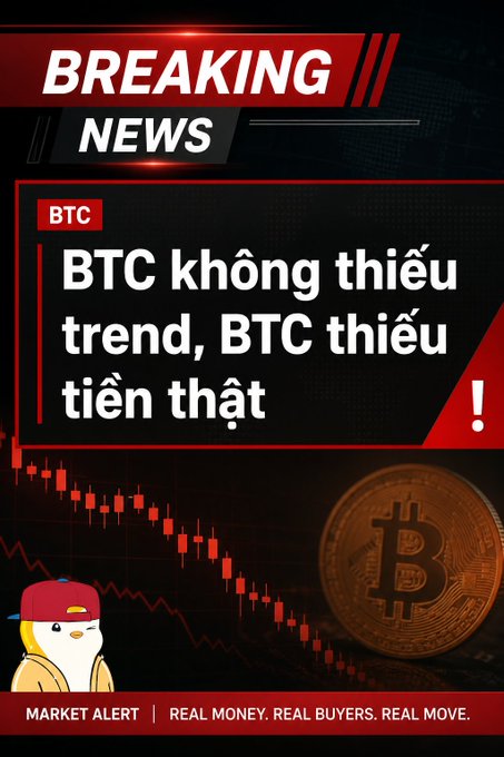 A breaking news graphic about Bitcoin with Vietnamese text reading 'BTC không thiếu trend, BTC thiếu tiền thật' (BTC doesn't lack trends, BTC lacks real money), featuring a downward price chart and a Bitcoin coin image.
