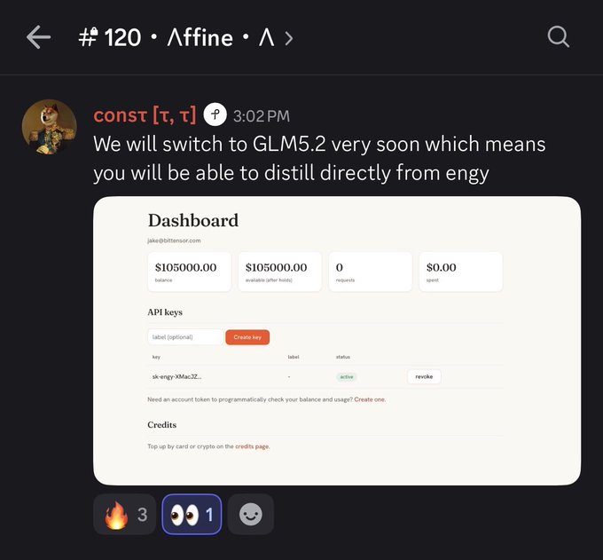 A Slack post (#120) in the "Affine" channel announces a switch to GLM5.2, which will allow direct distillation from Engy. The attached screenshot shows an Engy dashboard displaying a $105,000.00 balance, an active API key (sk-engy-xMac3Z...), and links to credits, tying into the #SN53/#SN120 discussion about $TAO and Affine.