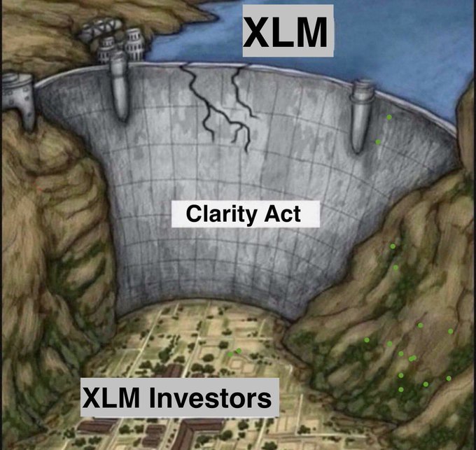 Meme featuring a dam labeled "Clarity Act" holding back water labeled "XLM" with "XLM Investors" trapped in the reservoir below.