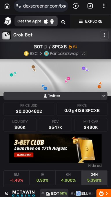 A screenshot from dexscreener.com showing the Grok Bot (SPCXB) token on PancakeSwap (BSC), currently priced at $0.0004802 with a market cap of $480K, a 5-minute change of -1.48%, and a 24-hour surge of 5,399%. The image visually represents the trader's post about buying a small amount of $BOT (ticker #BNB) on the SPCXB liquidity pool, displaying key metrics like price and liquidity for the token being tracked.