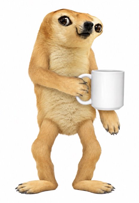 A 3D-rendered anthropomorphic meerkat standing upright on two legs while holding a white ceramic coffee mug, set against a plain white background.