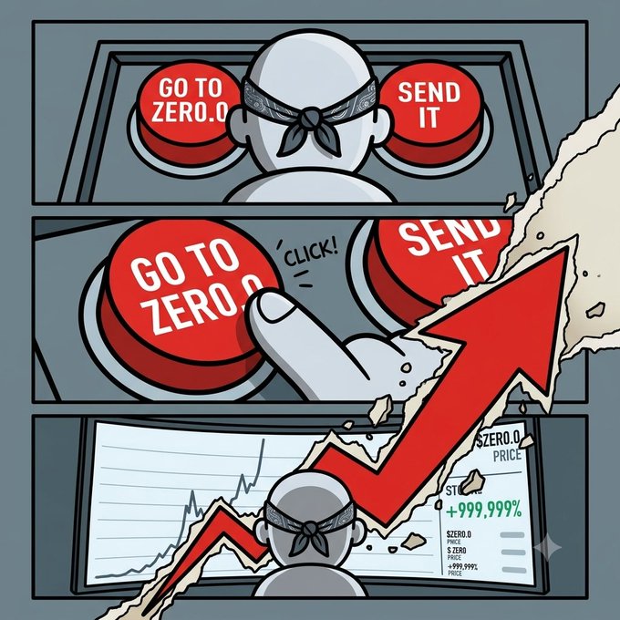 A comic strip showing a blindfolded figure being presented with two red buttons labeled "GO TO ZERO.0" and "SEND IT", pressing the "GO TO ZERO.0" button which triggers a massive red upward arrow and a chart showing a +999.999% gain to $ZERO.0.