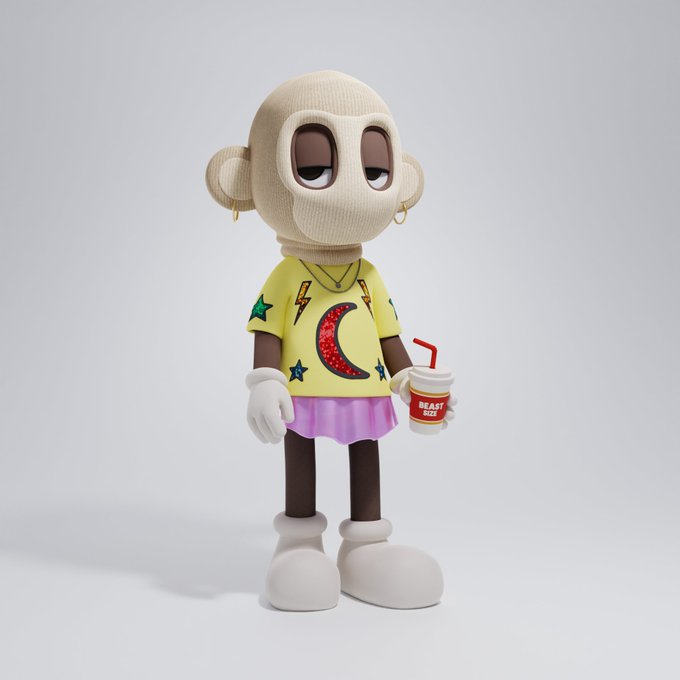 A 3D-rendered cartoon monkey character wearing a yellow t-shirt with a watermelon design and pink skirt, holding a cup from 'BEAST SIZE'.