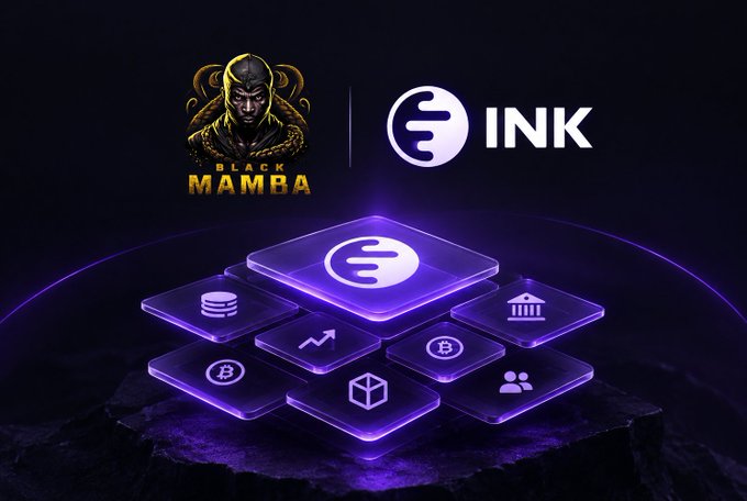 A promotional graphic showing the 'BLACK MAMBA' Kobe Bryant-themed token logo alongside the 'INK' cryptocurrency logo, with purple-glowing tiles displaying financial and crypto-related icons below.