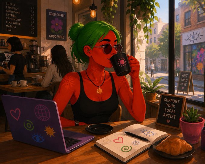 A red-skinned, green-haired artist wearing round sunglasses sips coffee from a mug at a local cafe, working on a sketchbook beside a laptop adorned with stickers, while signs reading "GOOD COFFEE GOOD VIBES" and "SUPPORT YOUR LOCAL ARTIST" frame the scene—capturing the creative, community-driven spirit behind the "gm to the artists, the collectors, and the jpeg enjoyers" message.