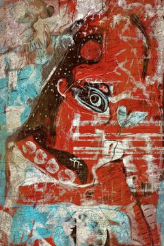 A vibrant mixed-media street art piece featuring a stylized red face with prominent eyes and teeth against a textured, colorful background.