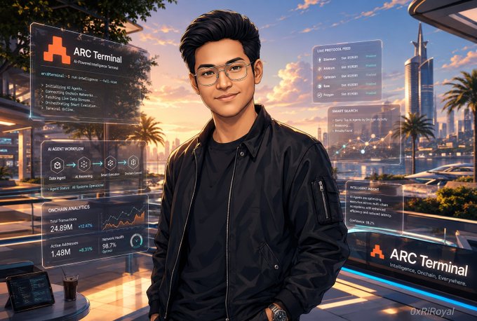 A young man wearing glasses and a black jacket stands in a futuristic cityscape with holographic panels displaying 'ARC Terminal' branding and blockchain analytics.