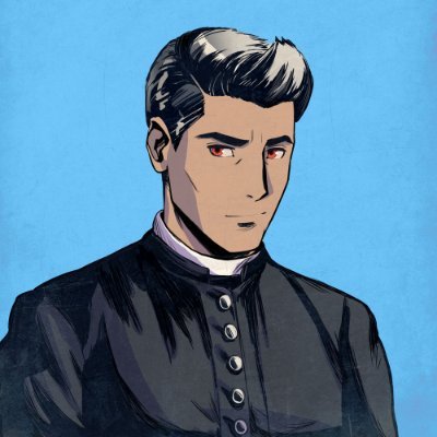 A digital illustration of an anime-style male character with slicked-back dark hair, red eyes, and a high-collared dark uniform jacket against a solid blue background.