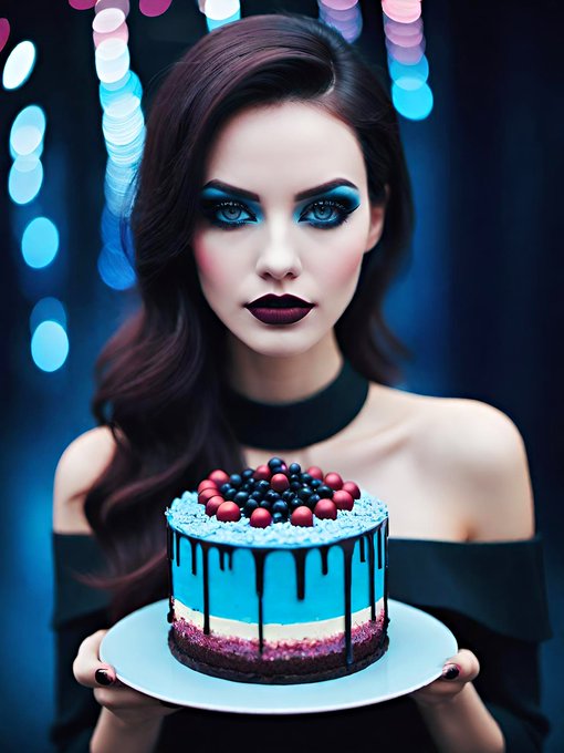 A digital illustration features a gothic-style woman with dark hair, dramatic blue eyeshadow, and dark lipstick, holding a blue cake topped with berries against a backdrop of blue bokeh lights.