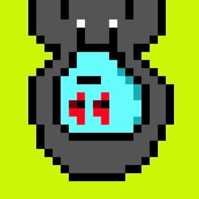 A pixel art illustration on an olive green background shows a black, slug-like creature with a light blue face, two small antennae, and red pixelated eyes.