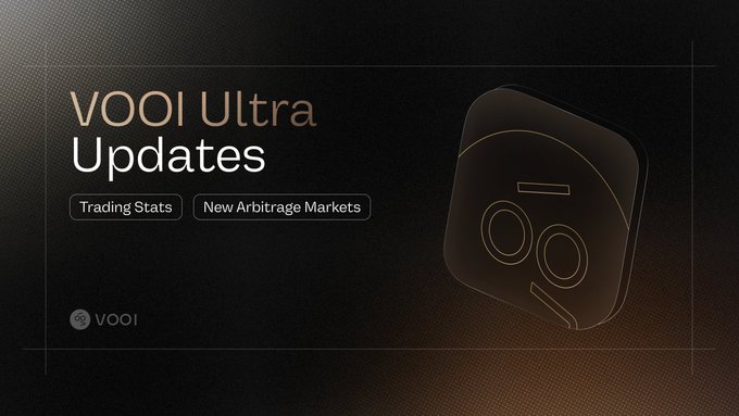 A dark promotional graphic featuring the text "VOOI Ultra Updates" with tags "Trading Stats" and "New Arbitrage Markets," alongside a stylized icon of a trading bot character, visually announcing the platform's new features including trading statistics and Binance Futures arbitrage support.