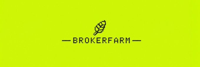 A logo on a yellow-green background featuring a wheat or leaf icon with the text 'BROKERFARM'.