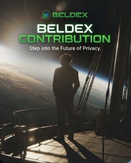 A promotional poster for 'BELDEX CONTRIBUTION' with the tagline 'Step into the Future of Privacy,' showing the silhouette of a person standing on a platform overlooking Earth from space.