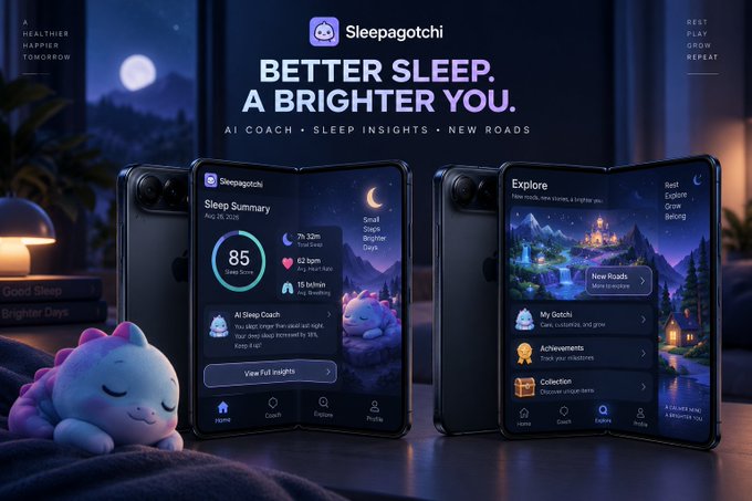 A promotional image for 'Sleepagotchi' with the headline 'BETTER SLEEP. A BRIGHTER YOU.' showing a phone interface with sleep tracking and an AI coach feature.