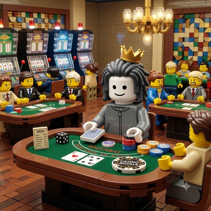 A LEGO-style diorama of a bustling casino, featuring a central figure with dreadlocks and a gold crown playing blackjack, surrounded by other minifigure patrons and slot machines in the background.
