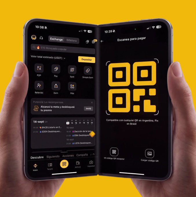 Two hands holding a foldable smartphone displaying a cryptocurrency app interface in Spanish, with a QR code scan screen on the right.
