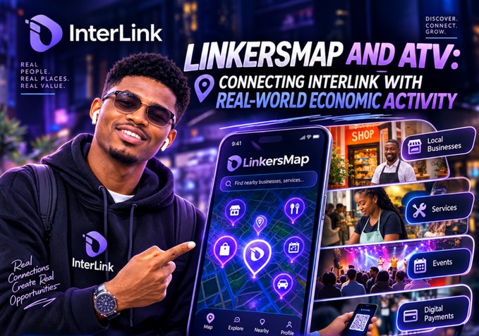A promotional banner for 'InterLink' featuring a smiling man with sunglasses next to a smartphone displaying the 'LinkersMap' app interface, highlighting features like Local Businesses, Services, Events, and Digital Payments.