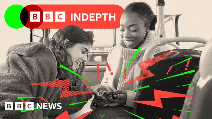 A BBC Indepth graphic overlay shows two smiling women looking at a phone on a bus, with the BBC News logo in the bottom left and decorative red and green geometric shapes.