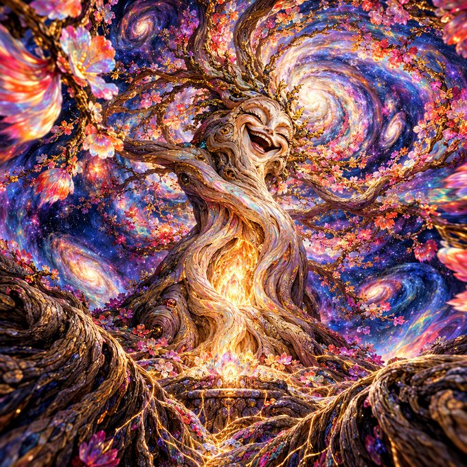 A vibrant, psychedelic digital artwork of a large, expressive tree with a glowing core, surrounded by swirling galaxies and pink blossoms.