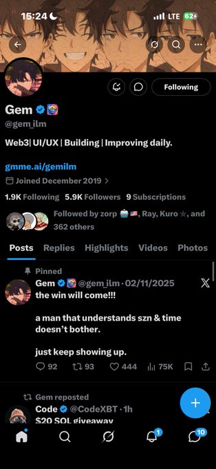 A Twitter/X profile for 'Gem' (@gem_ilm), a Web3 UI/UX builder with 5.9K followers, displaying a pinned post from 02/11/2025 stating 'the win will come!!! a man that understands szn & time doesn't bother. just keep showing up.'