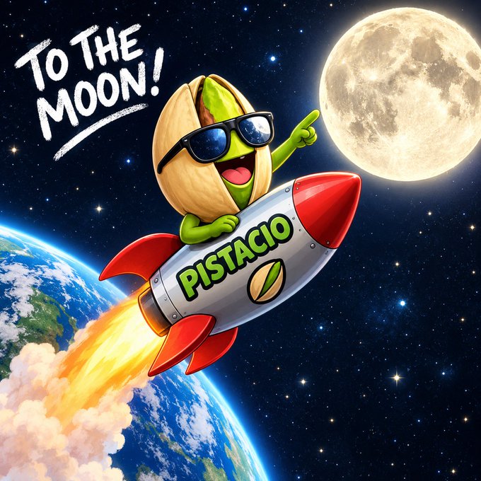A cartoon illustration shows a smiling pistachio character wearing sunglasses and riding a silver rocket labeled 'PISTACIO' toward the moon, with the text 'To The Moon!' and Earth visible in the background.