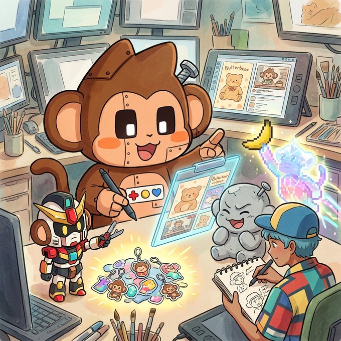 A colorful anime-style illustration shows a large brown monkey character working at a desk with multiple monitors displaying "Butterbear" artwork, alongside a Gundam-style robot figure, a gray blob creature, and a person in a colorful shirt sketching in a notebook.